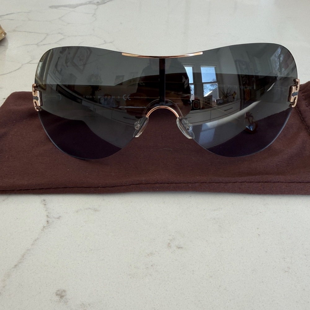 Tory Burch Gradient Blue Shield Sunglasses with Gold Accents